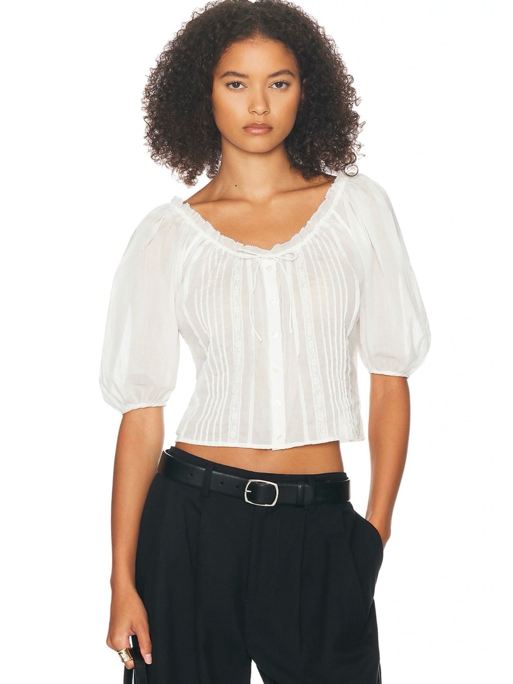 Helsa Cropped White Peasant Blouse with Puff Sleeves - Women Tops